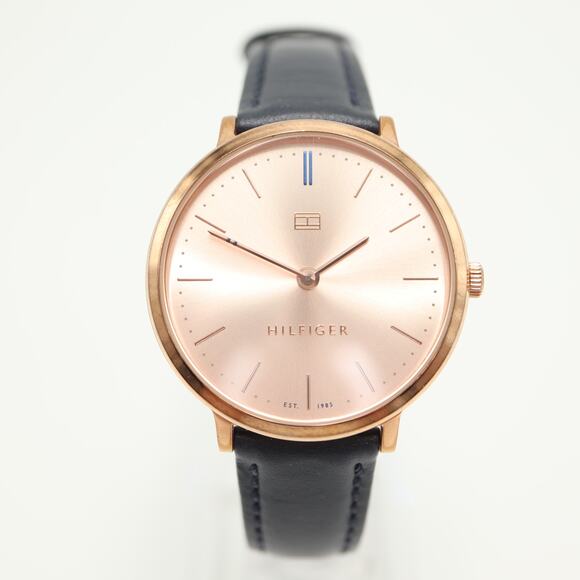 Tommy Hilfiger Womens Rose Gold Tone Slim 35mm Watch Blue Leather w New Battery main image 5